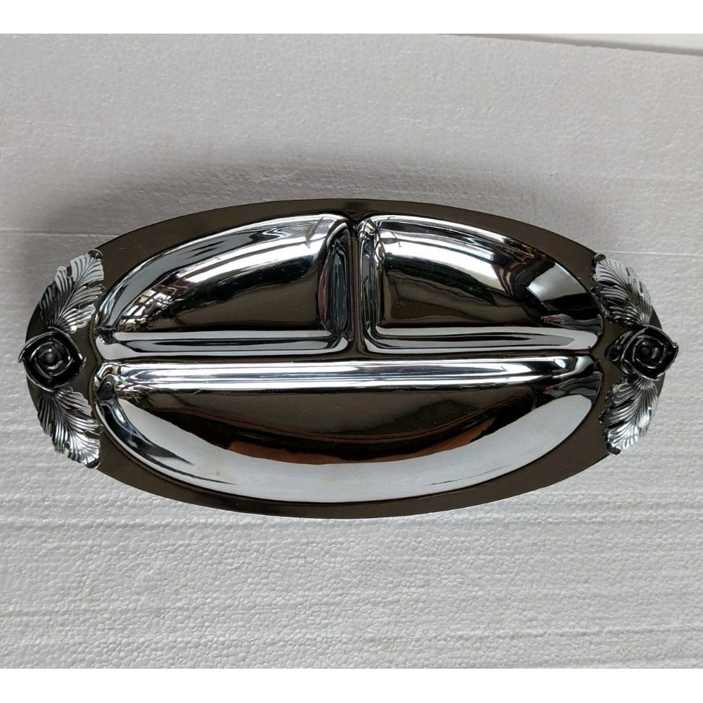 VTG Continental Chrome Serving Tray 3 Sections Floral Charcuterie‎ Snacks 12.5"